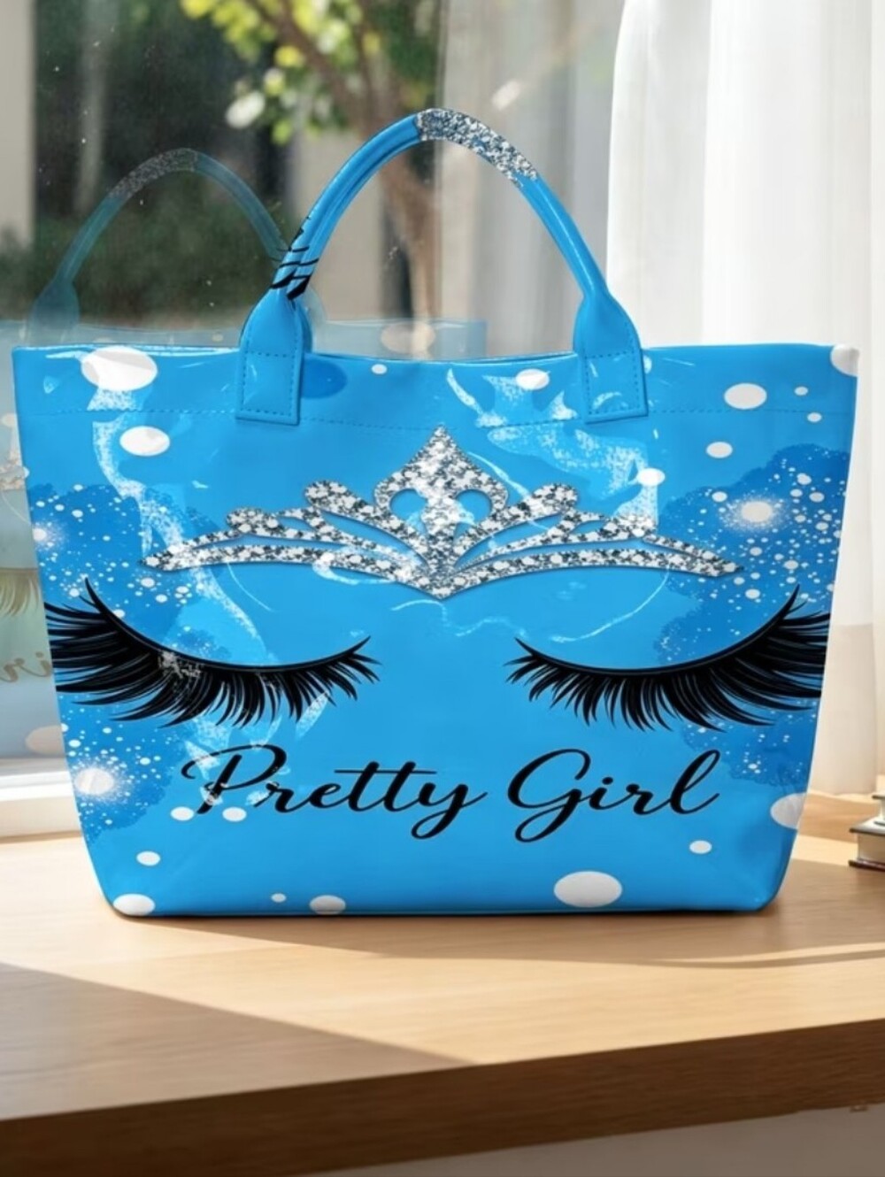 Women Fashion Blue Glitter Crown Pretty Girl Tote Handbag